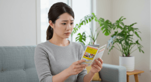 観葉植物に使用する水溶剤の危険性についてラベルを確認している日本人女性。