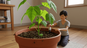 パキラの観葉植物にコバエが発生した際、自然な駆除法を施す日本人女性。