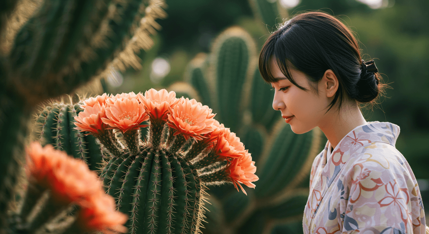 サボテンの花の珍しい種類と魅力を感じながら、日本人女性がサボテンの美しさを楽しんでいる