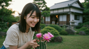 サボテンの花が咲いて良いことがありそうな幸せそうな日本人女性