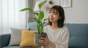 観葉植物の世話をしている日本人女性が、室内でコバエに囲まれた植物を見つめながら、簡単な駆除方法を考えているシーン。