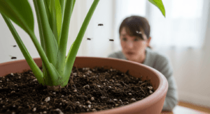 観葉植物の土にコバエが集まっているシーンを見つめる日本人女性。室内でのコバエ発生の原因に対する疑問を表現している。