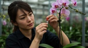 胡蝶蘭に支柱を立て、クリップで固定する日本人女性の手元のクローズアップ