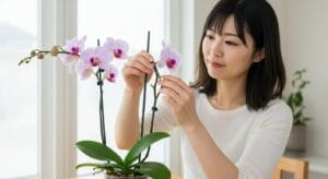 胡蝶蘭の支柱を優しく外している日本人女性の手元