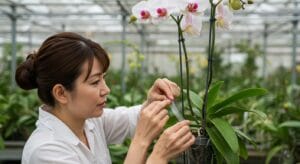 針金やテープを使って胡蝶蘭の支柱を固定する日本人女性の手元