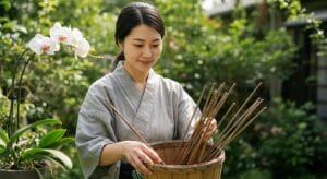 使い終わった支柱をエコな方法で処分する日本人女性の姿