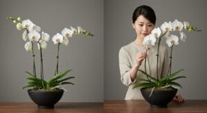 胡蝶蘭の3本立ちと5本立ちの違いを比較する日本人女性の姿