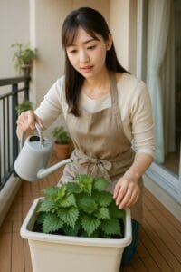 <img src="A_photograph_captures_a_young_East_Asian_woman_wat.png" alt="若い日本人女性がバルコニーで大葉をプランター栽培している様子">
