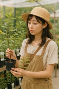 <img src="h3_11.jpg" alt="ジューンベリーの苗木を選ぶ日本人女性">