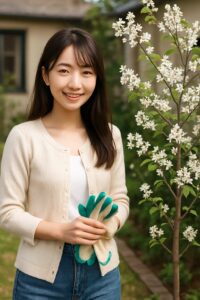 <img src="h1_title.jpg" alt="春の家庭菜園でジューンベリーの木の前に立つ若い日本人女性。手には園芸用の手袋を持ち、穏やかな表情でカメラを見つめている">