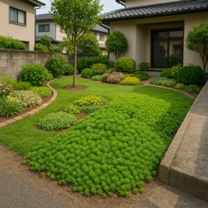 <img src="h1_title.jpg" alt="セダムが隣家に侵食しつつある庭と調和の取れたグランドカバーが並ぶ日本の住宅街の庭の様子">