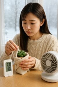 <img src="A_photograph_captures_a_young_East_Asian_woman_in_.png" alt="冬の室内で鉢を布でくるんで保温している日本人女性。外は雪景色で、温度計とサーキュレーターが写る様子">