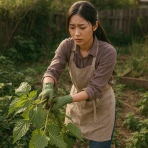 <img src="overgrown_shiso_trouble.jpg" alt="庭に増えすぎたシソを引き抜こうとしている若い日本人女性。夕方の柔らかい光の中、庭は乱雑に見え、他の植物のスペースが圧迫されている様子がわかる">