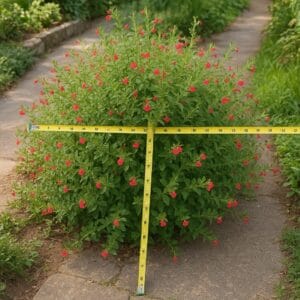 <img src="A_photograph_captures_an_overgrown_cherry_sage_(Sa.png" alt="庭の小道に大きく広がりすぎたチェリーセージが、黄色いメジャーで高さと幅を測定されている様子">