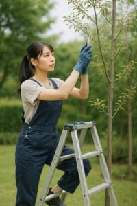 <img src="h3_05.jpg" alt="高いジューンベリーの木を剪定する女性">