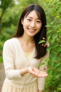 <img src="h3_12.jpg" alt="初めて実をつけたジューンベリーの木を嬉しそうに見る女性">