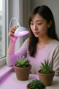 <img src="file_00000000ad0451faab2060ca1271a2c7" alt="窓辺で植物育成ライトを設置し、光量を調整している女性。後ろに伸び気味のハオルチアが映り込む">