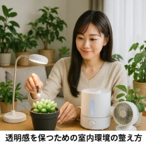 <img src=" alt="日本人女性が室内でLEDライトや加湿器を使いながら観葉植物を丁寧に管理している様子">