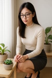 <img src="A_photograph_of_a_young_East_Asian_woman_with_long.png" alt="タイトスカートを着たメガネの日本人美人女性が正面を向いて座っている様子。インテリ風で落ち着いた雰囲気。">
