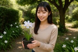 <img src="best_place_for_shaga.jpg" alt="シャガを植える適切な場所を考える笑顔の日本人女性">