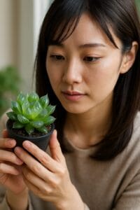 <img src="h1_title.jpg" alt="ハオルチアの透明な葉を観察する日本人女性。葉に光が当たり、育成について考えている様子が表情に表れている">