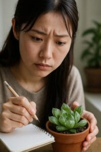 <img src="alt="極端に透明な葉を拡大して観察し、メモを取っている日本人女性">