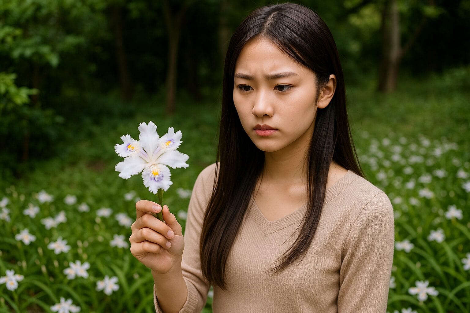 A beautiful Japanese woman with a bewildered look on her face stands in front of a garden where shagga has spread throughout the garden by underground stems, overtaking and destroying other plants.