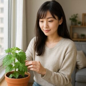 <img src="shiso_room_growing.jpg" alt="室内の窓際でシソの鉢植えを手入れする若い日本人女性">