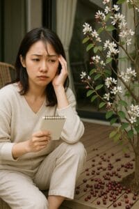 <img src="h3_02.jpg" alt="ベランダのジューンベリーの手入れを悩む日本人女性">