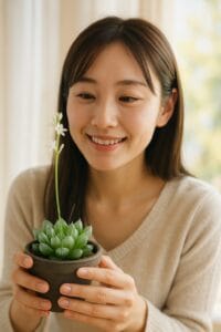 <img src="A_photograph_captures_a_young_East_Asian_woman_wit.png" alt="開花したハオルチアの花茎を嬉しそうに見つめる日本人女性。春の柔らかな日差しが背景に広がる室内シーン">
