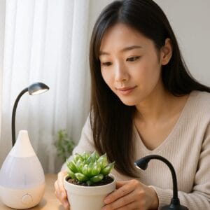 <img src="alt="レースカーテン越しの光の中、ハオルチアと加湿器・ライトに囲まれて環境を整える日本人女性">