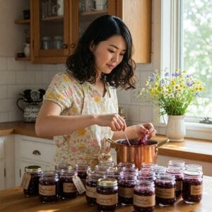 <img src="h3_13.jpg" alt="ジューンベリーのジャムを手作りしている日本人女性">