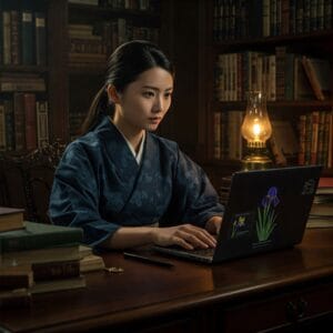 ノートパソコンを見ながらシャガについて調べ、怖い話の真偽を確かめている真剣な表情の日本人の美人女性。