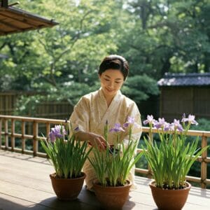 <img src="potted_shaga_care.jpg" alt="ベランダで鉢植えのシャガを手入れする美しい日本人女性">