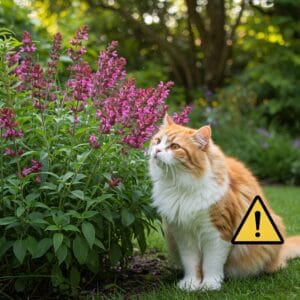 <img src="toxicity_cat.jpg" alt="チェリーセージと猫が一緒に写っている庭の様子、注意が必要な雰囲気">