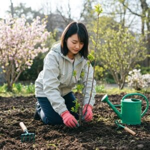 <img src="h3_10.jpg" alt="ジューンベリーの植え付けをする春の女性ガーデナー">