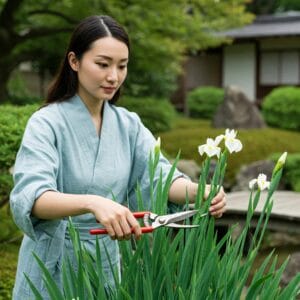 <img src="leaf_pruning_timing.jpg" alt="シャガの葉を慎重に剪定する美しい日本人女性">