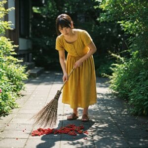 <img src="h3_03.jpg" alt="落ちたジューンベリーの実を掃除する女性">