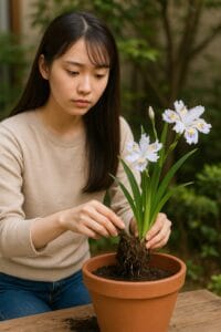 <img src="repotting_shaga.jpg" alt="シャガの植え替えを慎重に行う美しい日本人女性">