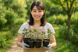 <img src="rose_success_rate.jpg" alt="若い日本人女性が複数の鉢に挿したバラの健康的な挿し穂を持っている">
