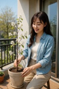 <img src="h3_09.jpg" alt="バルコニーでジューンベリーを鉢植えで育てる女性">