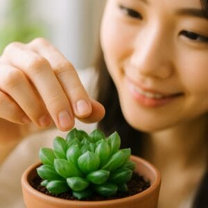 <img src="2_pripuri.jpg" alt="ふっくらしたハオルチアの葉を優しく触れている日本人女性の手元のアップ">