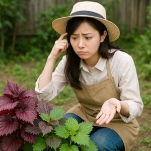 <img src="red_green_shiso_hybrid.jpg" alt="赤しそと青しその交雑に困惑する若い女性">