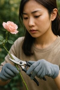 <img src="cutting_rose_branch.jpg" alt="若い日本人女性が剪定バサミで薔薇の枝を節の下で斜めにカットしている様子">