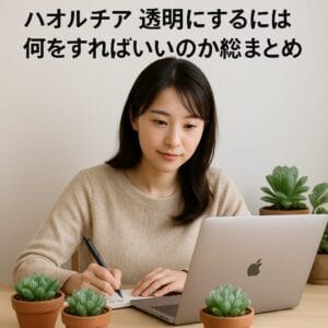 <img src="h1_title.jpg" alt="ノートPCでハオルチアの管理メモを作成する日本人女性。机の上には透明な葉をもつハオルチアが並んでいる">