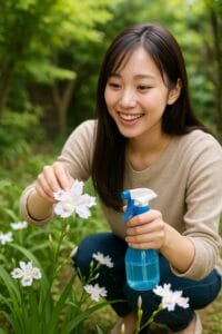 <img src="shaga_management.jpg" alt="シャガを適切に管理する笑顔の美しい日本人女性">