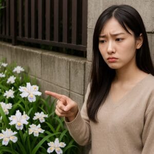 <img src="why_not_to_plant.jpg" alt="隣家へ侵入したシャガを指差して困惑する美人女性">