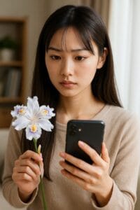 <img src="h1_title.jpg" alt="室内でシャガの花を持ち、スマートフォンで花言葉を調べている美しい日本人女性">