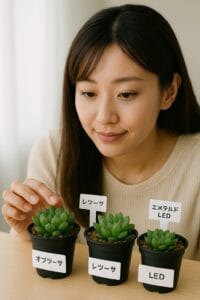 <img src="A_photograph_captures_a_young_East_Asian_woman_wit.png" alt="3種類のハオルチアを比較して見ている日本人女性。品種名のラベルが添えられ、葉の透明度がはっきりわかる">