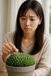 <img src="file_00000000ce10520aa95907e06ff5cbcb" alt="ぎゅうぎゅうになったハオルチアの群生を見て、やや困った顔の女性。背景に窓、柔らかい光">